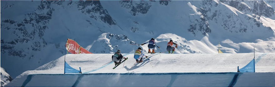 Blue projected image across a horizontal screen