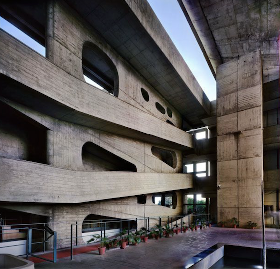 Interior view of a tall concrete lecture hall